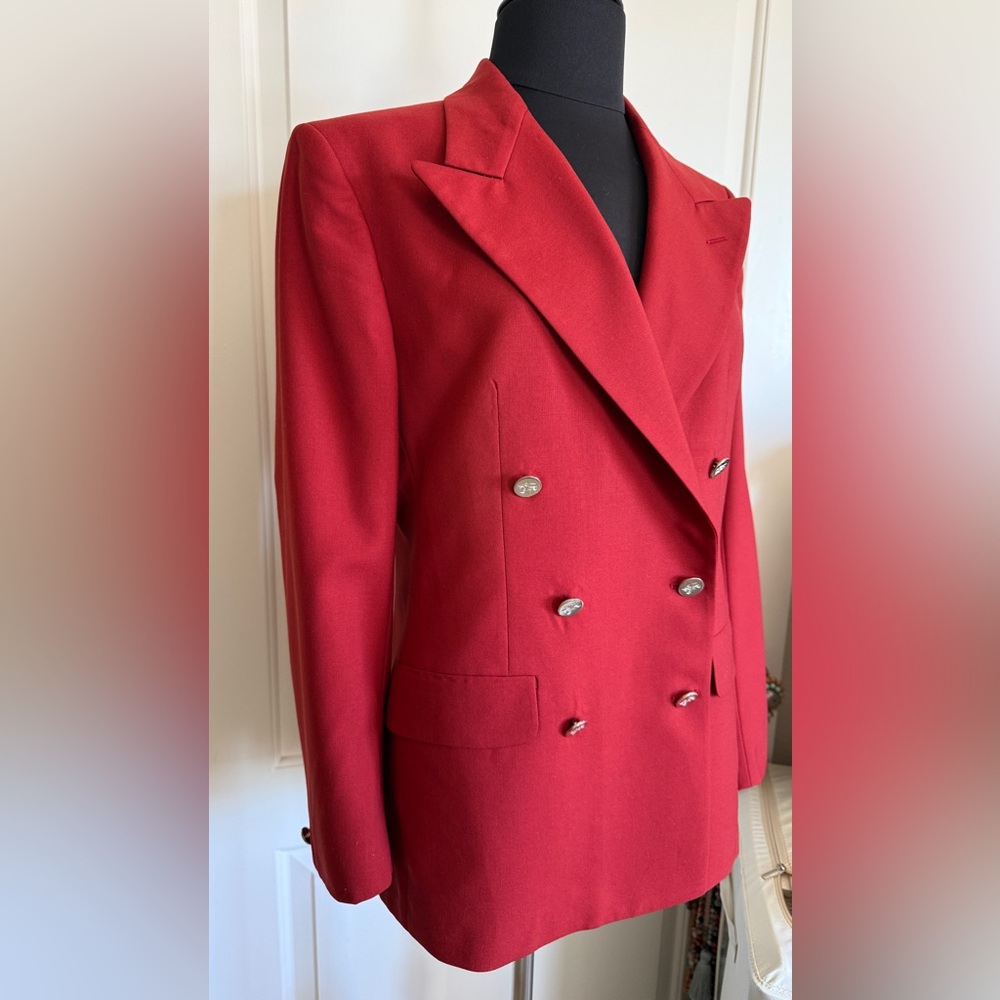Burberry Red Wool Double-Breasted Blazer jacket Silver Crest Buttons - Picture 2 of 10